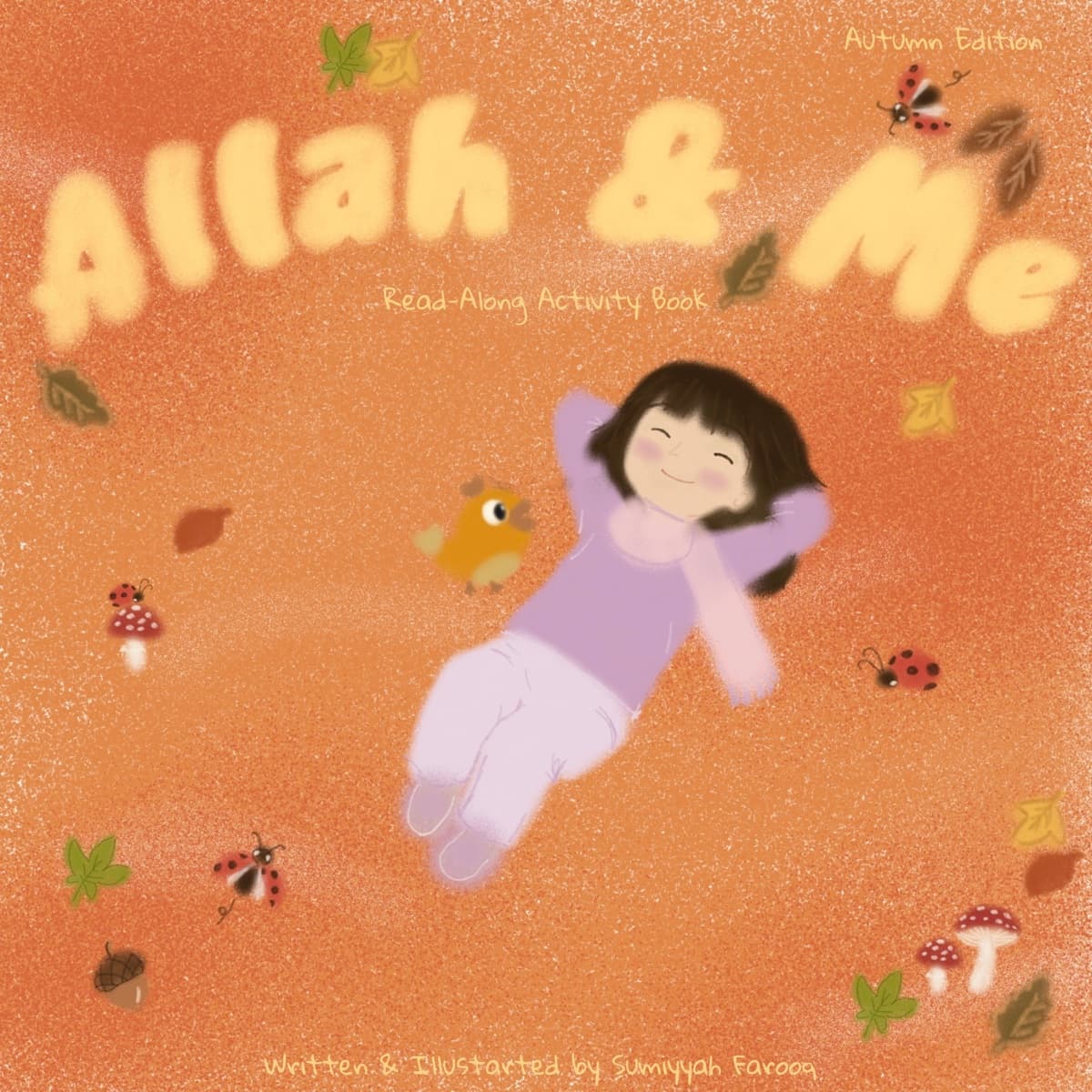 Allah & Me — Autumn Edition cover: Safiyyah lying happily among falling leaves, ladybirds and toadstools