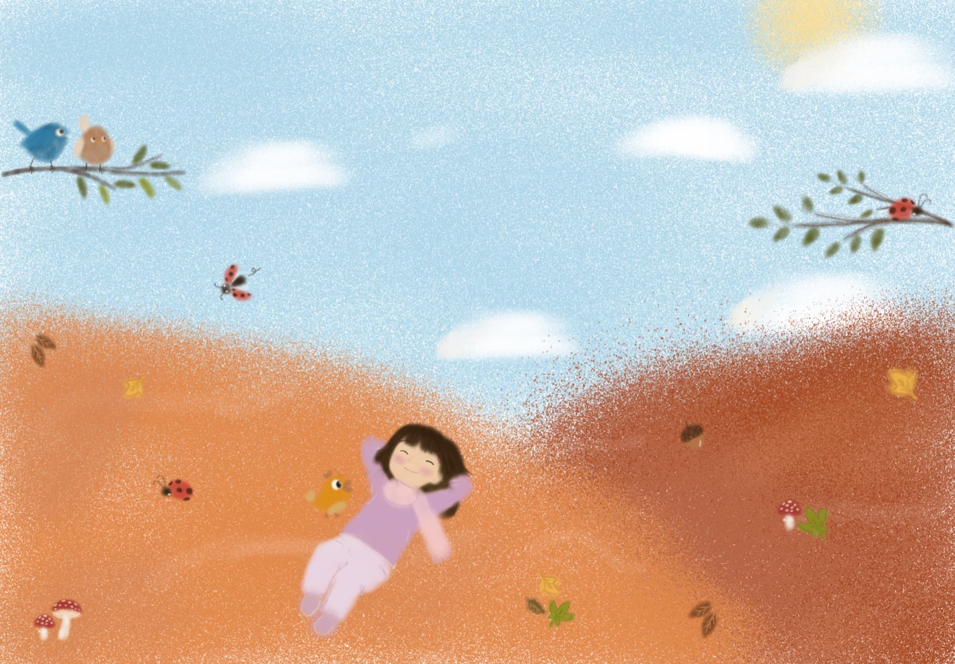 Safiyyah lying happily among autumn leaves with her bird friend, ladybirds and toadstools