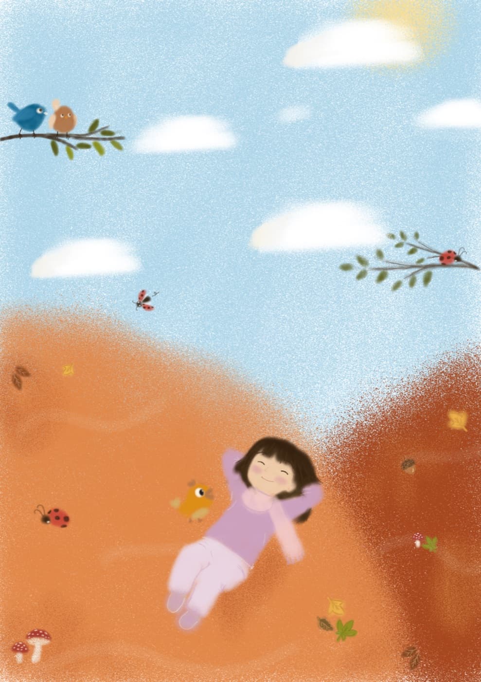 Safiyyah lying happily among autumn leaves with her bird friend, ladybirds and toadstools