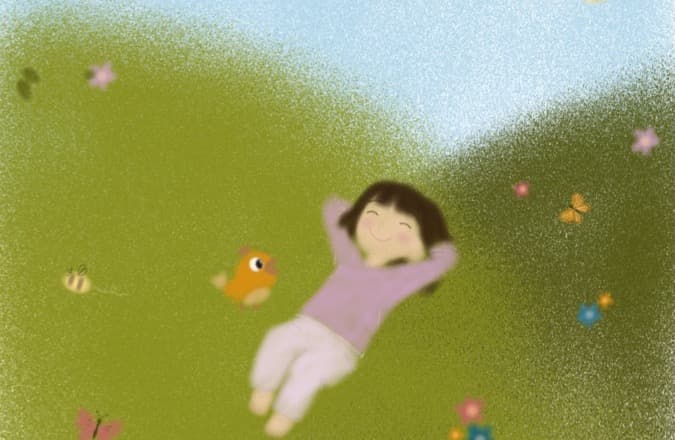 Safiyyah lying happily in a flowery meadow with her bird friend