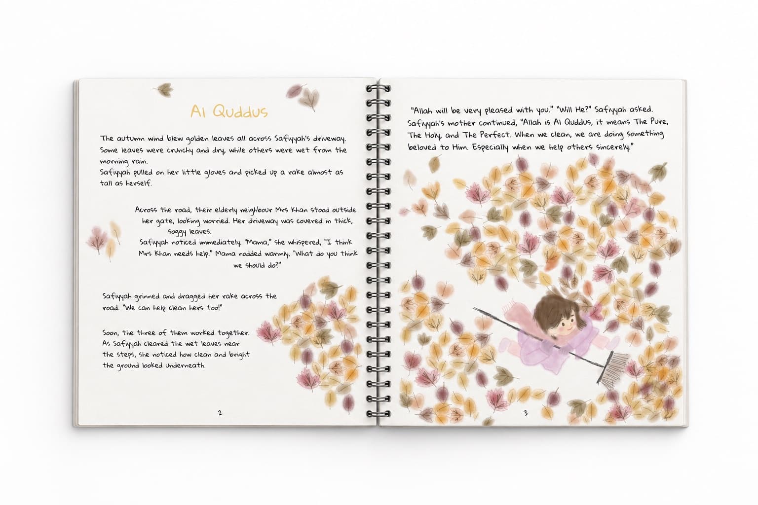 A spread from the Autumn Edition — Al Quddus: Safiyyah rakes golden leaves and helps her elderly neighbour Mrs Khan clear her driveway.