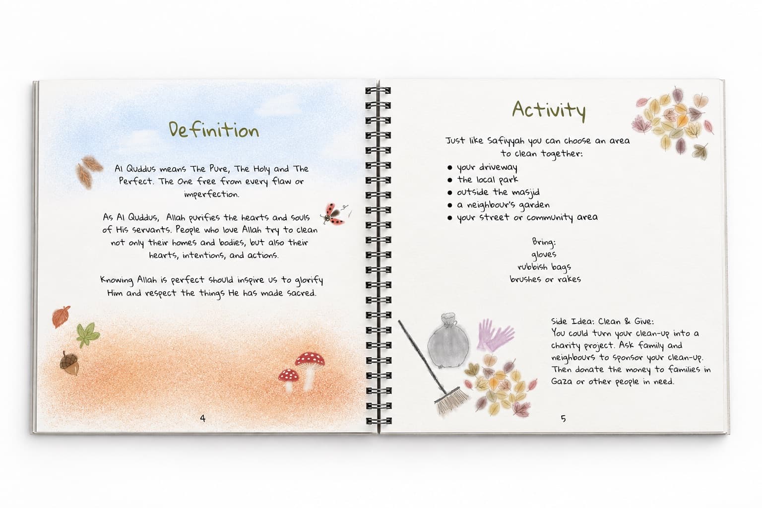 A spread from the Autumn Edition — what Al Quddus means, and a clean-up activity to do together: your driveway, the park, or outside the masjid.