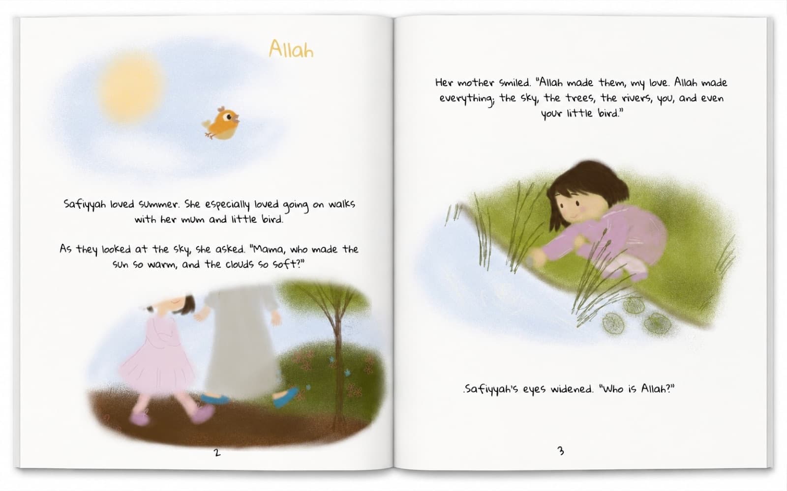 First spread of Allah & Me — Safiyyah walks with her mum and little bird, asking who made the sun so warm and the clouds so soft.