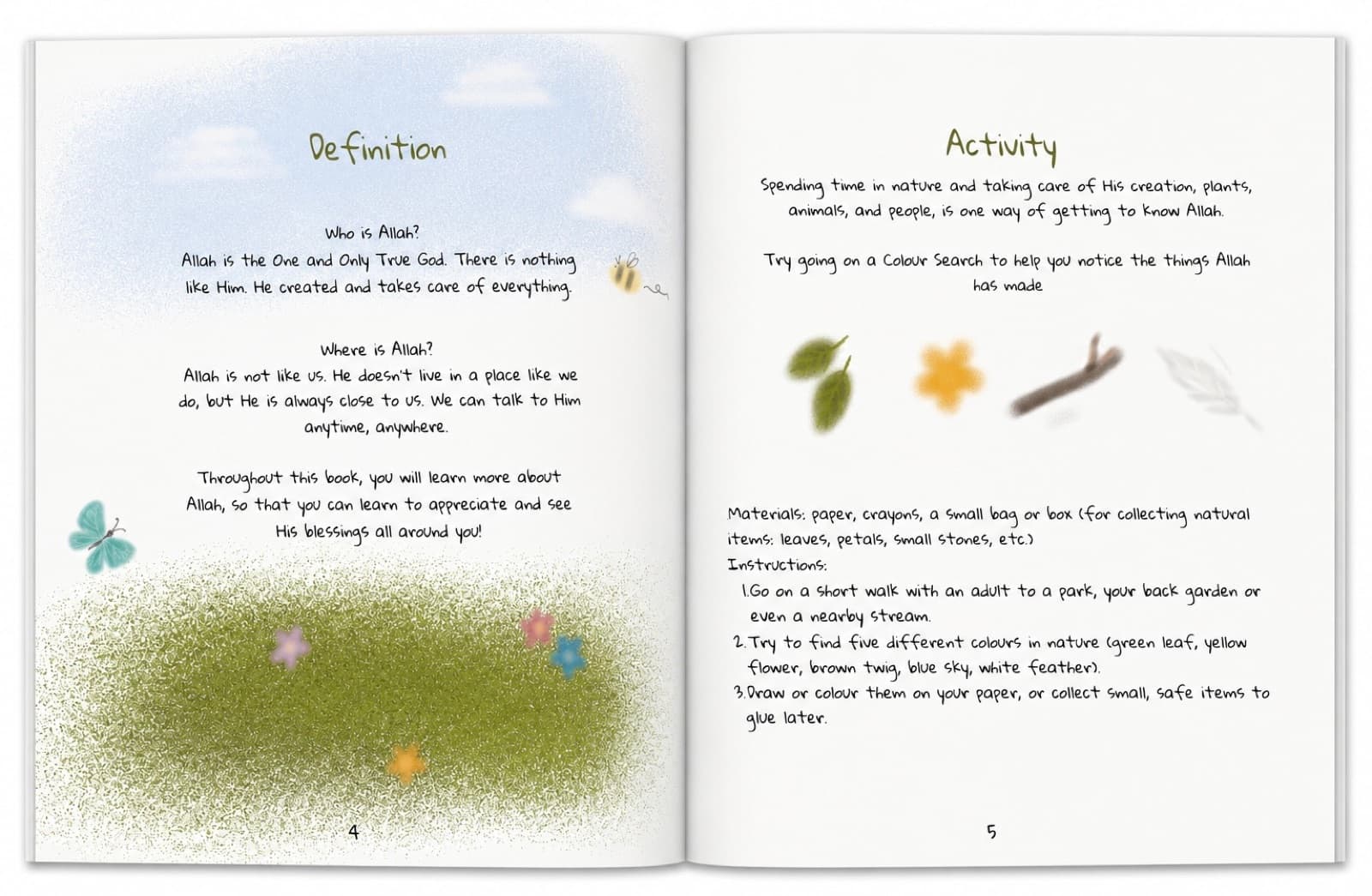 A spread from Allah & Me — a gentle definition of who Allah is, and a colour-search nature activity to try together.
