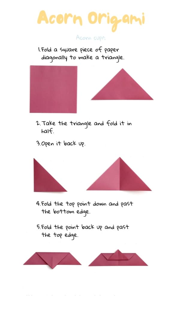 Acorn origami, steps 1 to 5: folding the acorn cup from a square of pink paper.