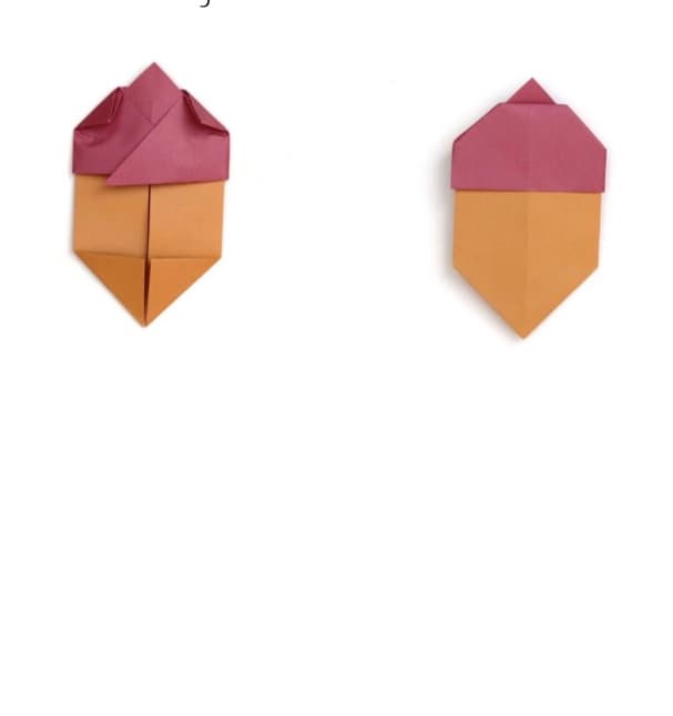 Acorn origami, steps 16 and 17: shaping the top and flipping over to reveal the finished acorn.